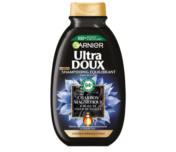 Garnier Ultra Doux - Shampooing Hydratant & Équilibrant au Charbon Magnétique & Fleur de Nigelle - Pour Cheveux Normaux à Gras - 250 ml