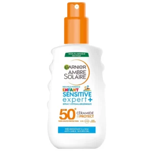 Spray solaire hydratant pour enfant offrant une très haute protection FPS50+, Très résistant à l'eau et idéal pour les peaux claires, sensibles et intolérantes au soleil Résultats : Peau protégée contre les rayons UVB, UVA et UVA longs Application : Appliquer avant exposition, Pulvériser dans les mains et appliquer le produit sur le visage et le corps, Renouveler fréquemment et généreusement l'application pour maintenir la protection, Éviter le contact avec les yeu