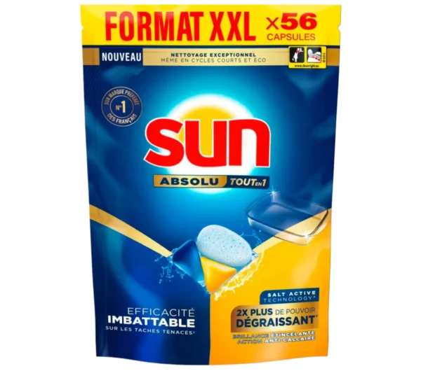 Sun Pastilles Lave-Vaisselle Absolu Tout-en-1 Dégraissant 56 Capsules Lave-Vaisselle